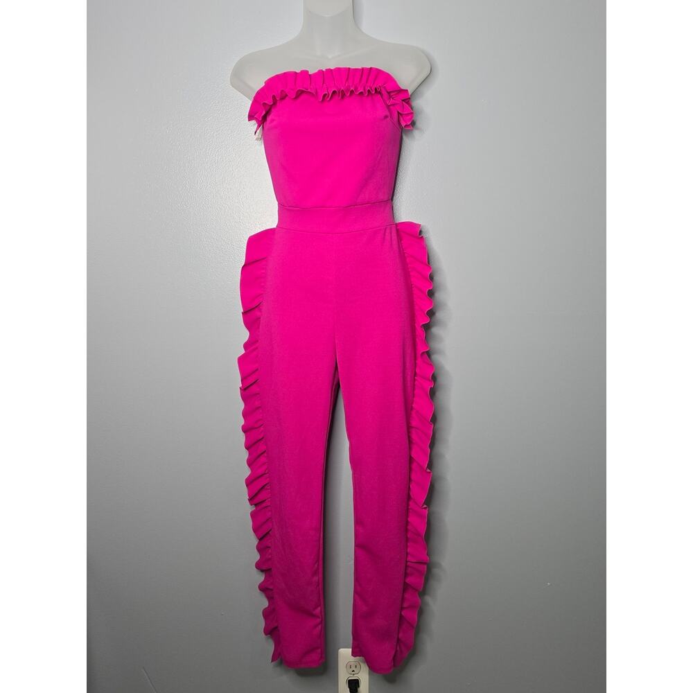 AKIRA Hot Pink Strapless Ruffled Side-Trim Jumpsuit - Picture 2 of 6